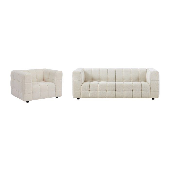 Canapé 3 places et fauteuil en tissu bouclette blanc ivoire LERICI