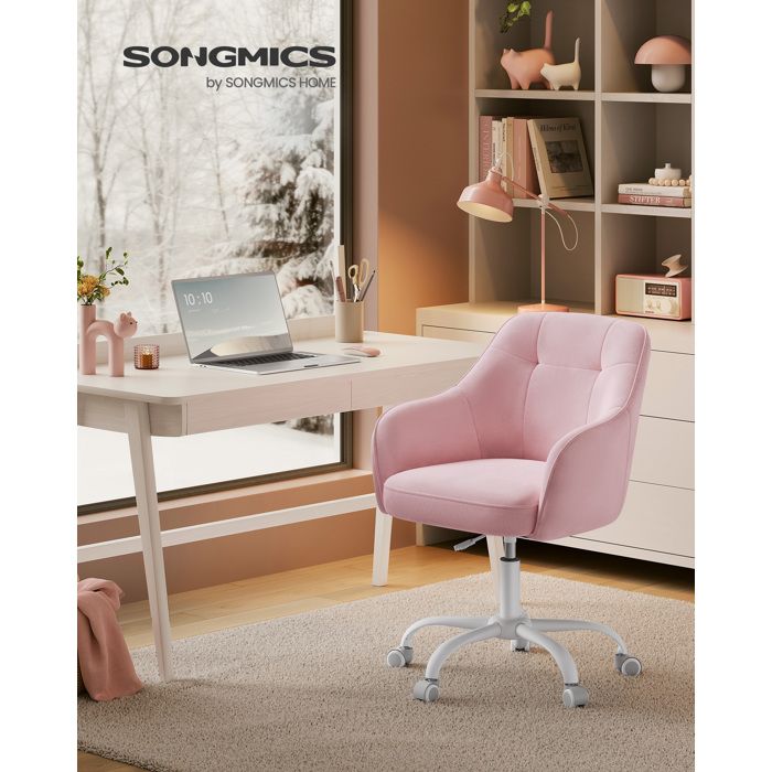 Chaise de Bureau Siège Pivotant Réglable en Hauteur Capacité 110 kg Cadre en Acier Tissu Velours Respirant Rose Bonbon