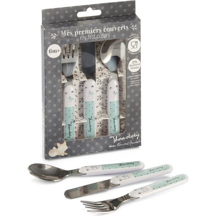 Coffret Vaisselle Enfant THERMOBABY - Assiette, Bol, Gobelet Mélamine + Couverts Inox - Vert Céladon - Sans BPA