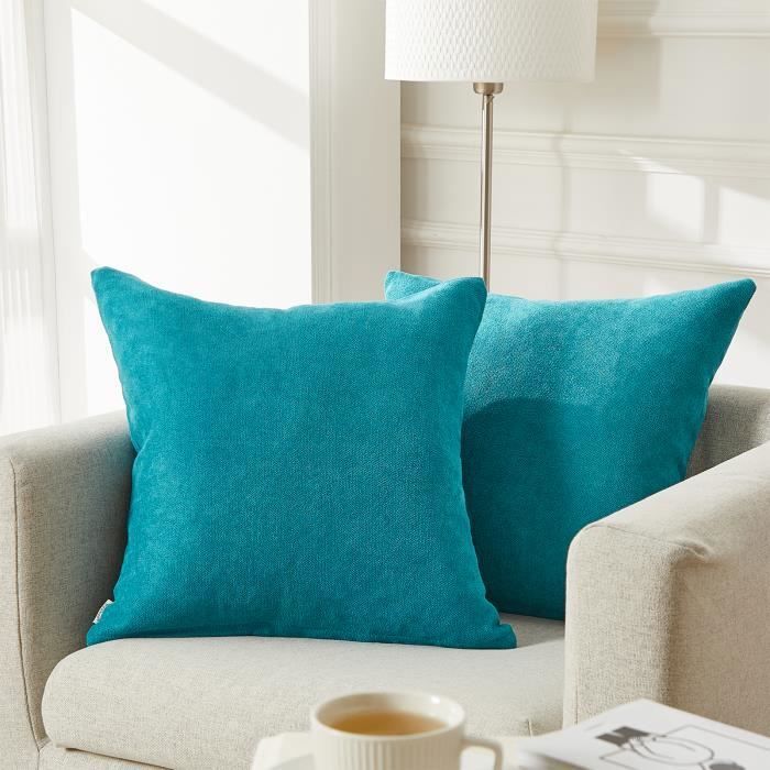 Madizz Lot De 2 Housses De Coussin Chenille Douce Avec Bordure - Bleu 40x40 Cm