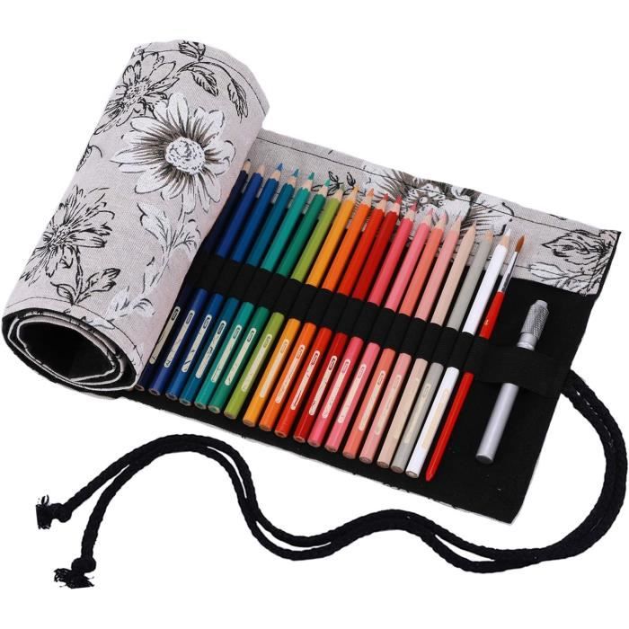 Trousse à Enrouler En Toile 72 Emplacements - Organisateur Crayons De Couleur Pour Artistes Et Étudiants