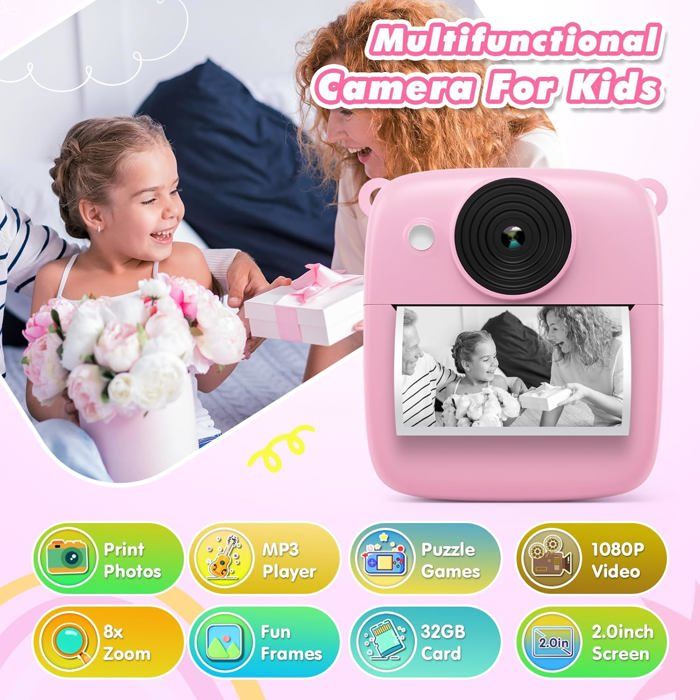 Avec Papier Et Carte 32GB Appareil Photo Instantané Pour Enfant – 48 MP – Vidéo HD 1080p – écran 2,4 – Impression Sans Encre – Carte 32 Go Incluse – Selfie – 3-14 Ans