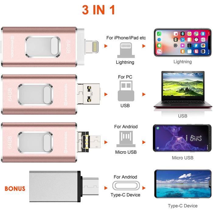 Clé USB 64 Go, Clé USB 3.0 en Métal pour iPhone, Clef USB Mémoire Externe  Haute Vitesse Compatible avec[S179]