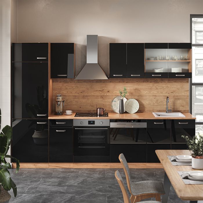 Cuisine R-Line Gris noble/Anthracite 300cm avec armoire haute, PT Chêne Vicco | Gris noble | avec PT en chêne | 406673148512303