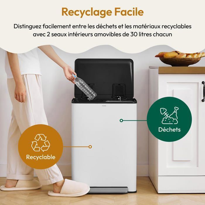 Poubelle Cuisine 60L Double Compartiment à Pédale - Inox/blanc Moderne