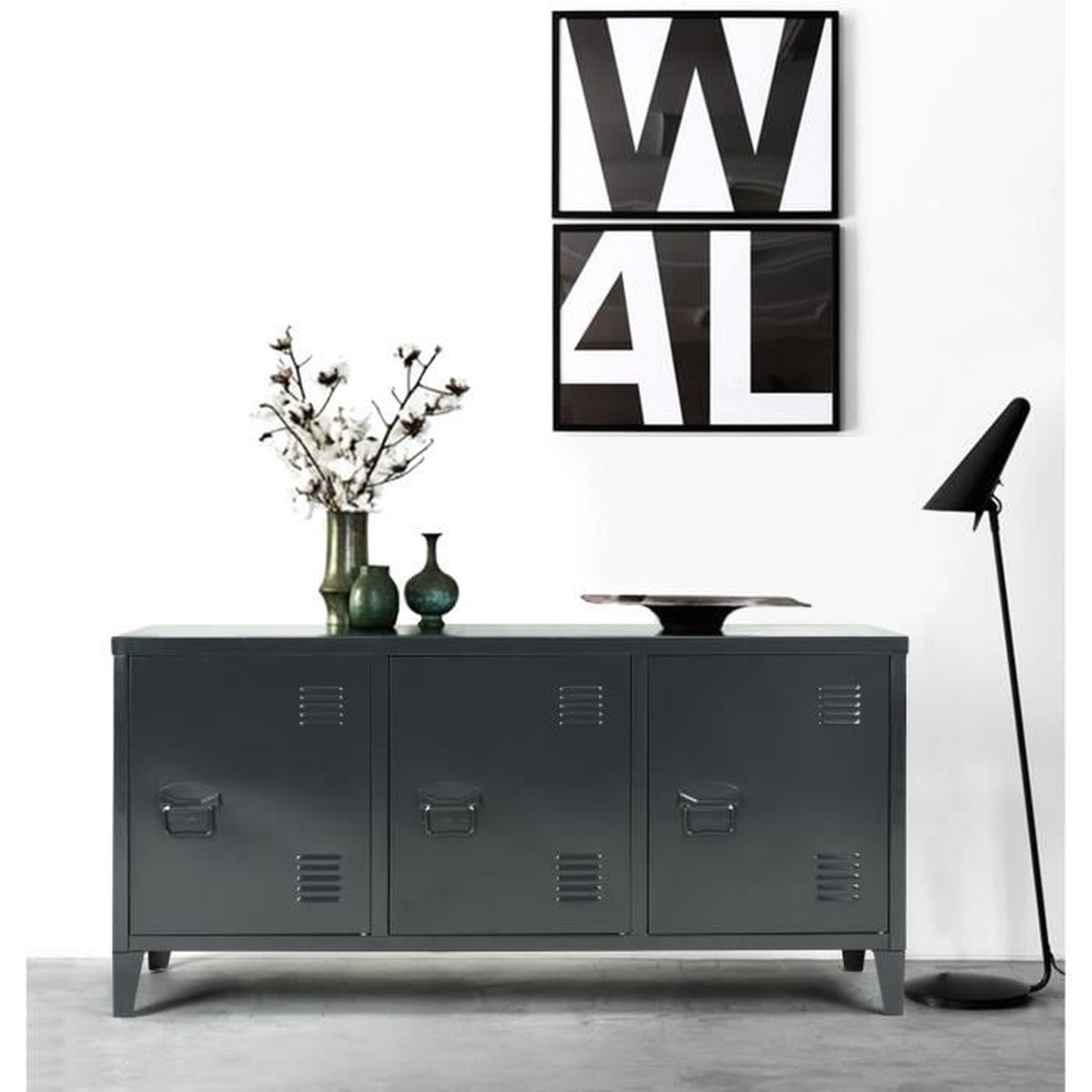 Meuble tv caisson métal casier 3 portes noir,Armoire Vestiaire Métal à