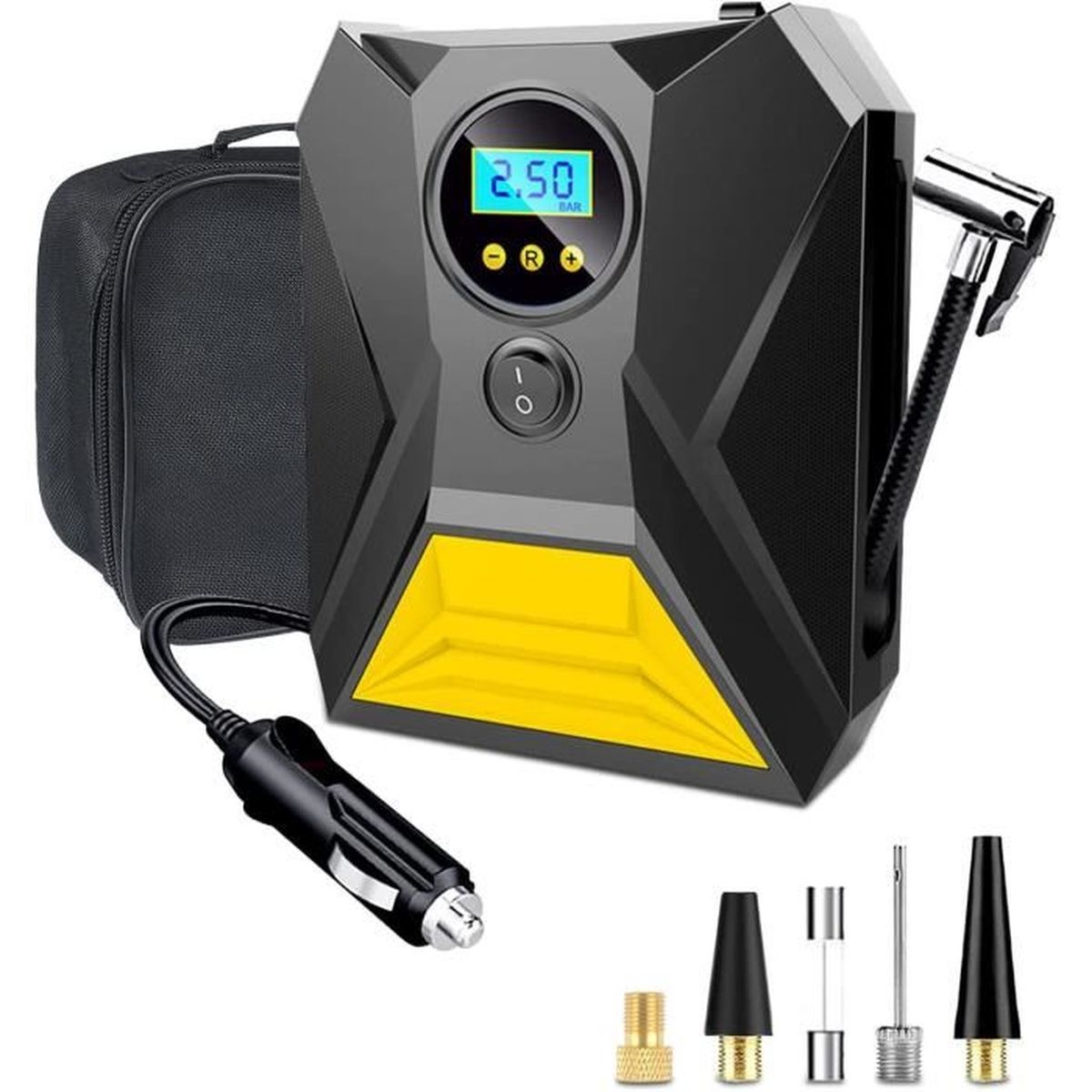 Gonfleur Pneus 12V Portable – Compresseur Air Numérique 150 PSI, Lumière LED, 3 Buses, Pour Voiture, Vélo, Matelas