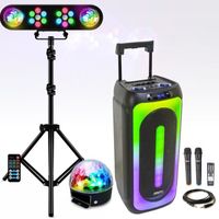 Pack Lumière avec portique DJ + 1 Enceinte Sono Karaoke 1000w MAGIC-SOUND1000 2 micros sans Fil - Bluetooth USB - Boule Astro