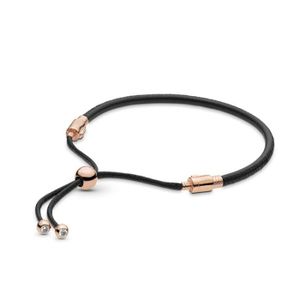 BRACELET - GOURMETTE Bracelet - Pandora - Cuir Noir - Perles Argent1