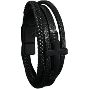 BRACELET - GOURMETTE Bracelet en cuir pour hommes noir - Croix Bracelet