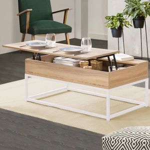 TABLE BASSE IDMARKET Table basse plateau relevable DETROIT design industriel bois et métal blanc