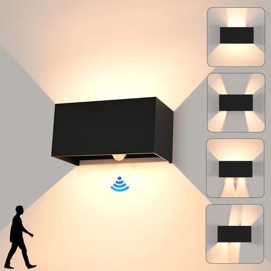 Applique murale LED intérieure/extérieure avec détecteur de mouvement, 24 W, applique murale extérieure étanche IP 65, blanc chaud 3000 K, angle d' éclairage réglable vers le haut et vers le bas