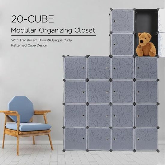 Armoire de Chambre Modulable KEISHA - 20 Cubes - Rangement pour Vêtements et Chaussures - Gris Mat