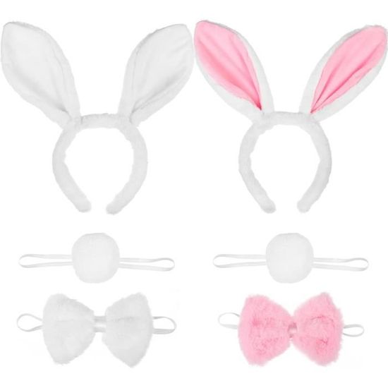 Set Bandeaux Oreilles De Lapin + Queue En Peluche - Serre-tête Nœud Dentelle - Accessoire Cosplay Pâques Halloween