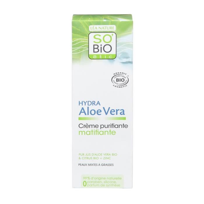 SOBIO Crème matifiante et purifiante - Aloe Vera - Bio - 50 ml - Hydrate intensément
