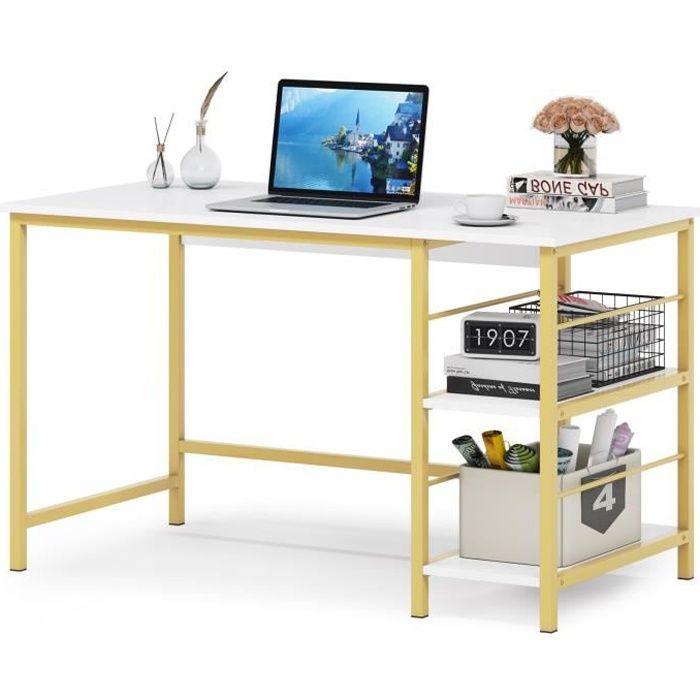 Lanxin Bureau d'ordinateur avec étagère de rangement à 2 niveaux moderne station de travail pour bureau à domicile, blanc et doré