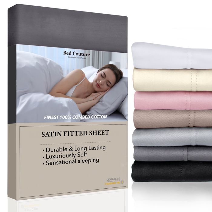 Drap Housse 100% Satin de Coton égyptien peigné - bonnet de 38cm. Tissage très fin, toucher doux et soyeux, qualité hôtel cinq