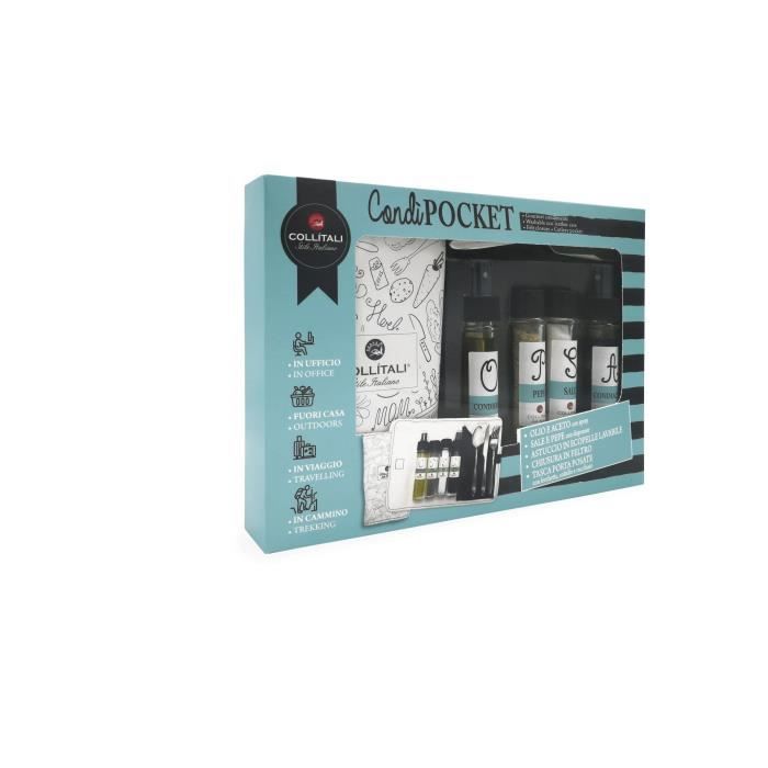 COLLITALI CONDI POCKET : étui + 3 couverts + spray huile olive 30 ml, vinaigre balsamique 30 ml, salière 50 g, poivrière 17 g