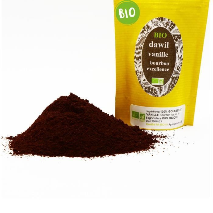 Poudre de vanille Dawil 10 g BIO CERTIFIÉE 100% BIOLOGIQUE Gousses entières moulues Sans ADDITIF Sans COLORANT