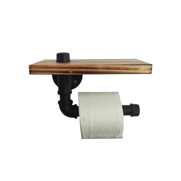 Noir Mat Tube FerIndustriel Porte Rouleau de Papier Toilette Mural avec Etagère de Rangement en Bois(L:24mm)