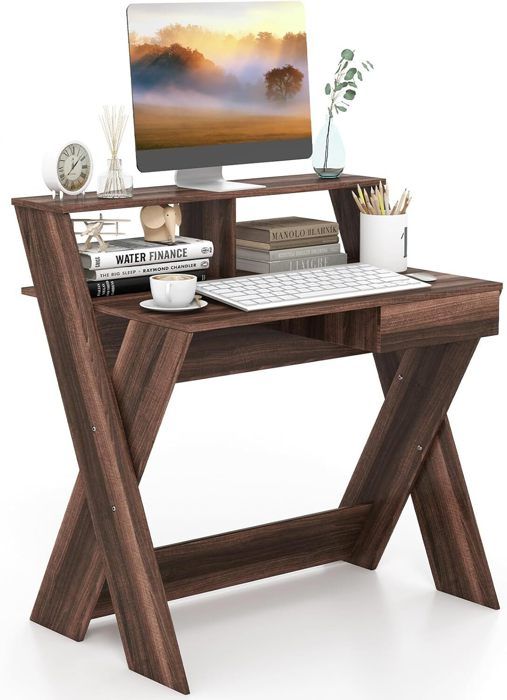 giantex bureau informatique avec tiroir et etagère surélevée- table avec repose-pieds- cadre en forme de x- 90 x 61 x 94 cm- brun