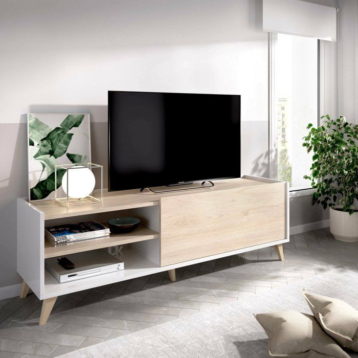 Meuble TV Dacerbi - Dmora - Mélamine - Chêne blanc 155x45h47 cm Meuble TV Dacerbi - Dmora - Mélamine - Chêne blanc 155x45h47 cm