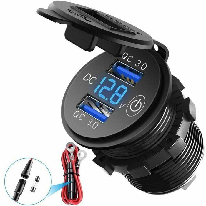 Chargeur USB Double Pour Moto - Étanche IP66 - Affichage Voltage - 9-24V - Noir