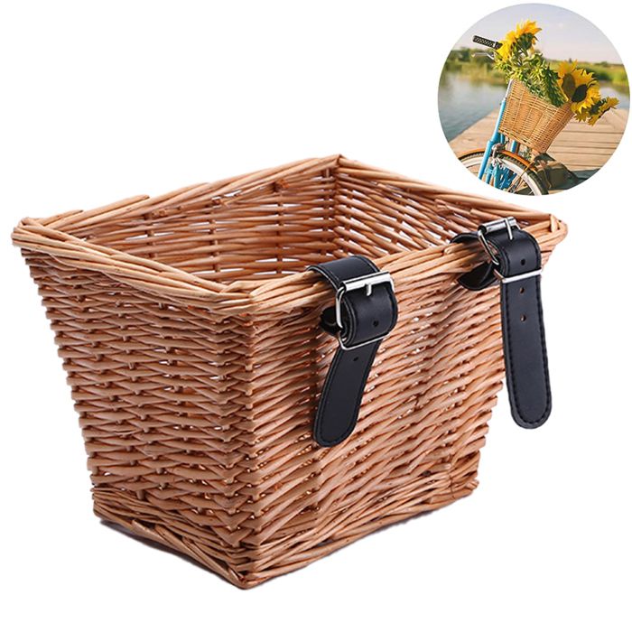Panier de velo retro et fait main en osier avec sangle de cuir marron