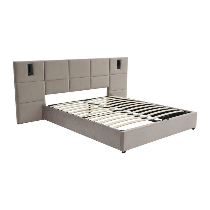 Lit coffre 160 x 200 cm avec tête de lit et lampe intégrée - Velours - Taupe - SARETO