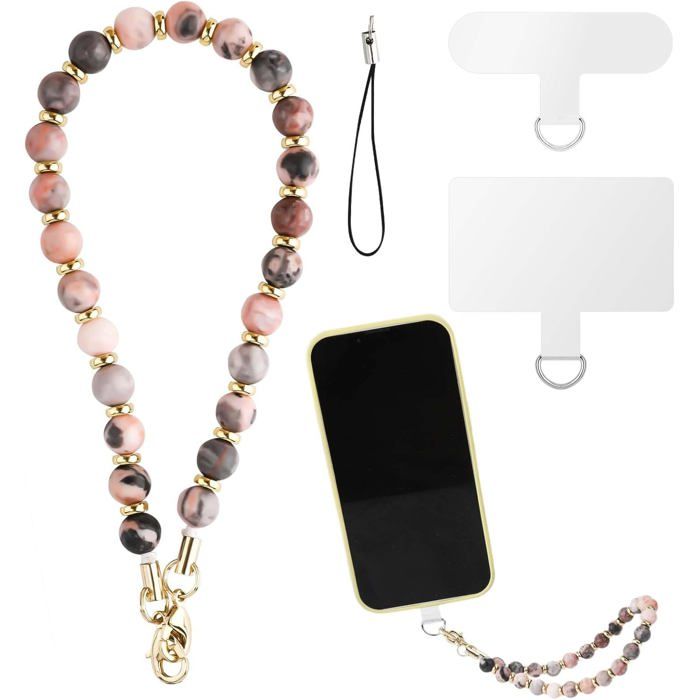 Dragonne Téléphone Portable Avec Pierres Naturelles - Anti-perte, Design Unique Avec Nœuds Et Fleurs - Pour Téléphone, Clés, Sacs