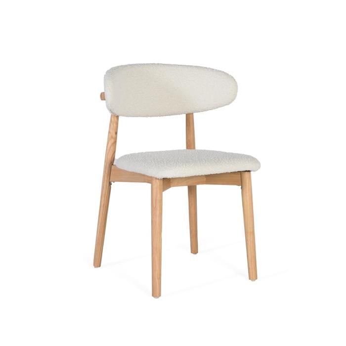 Chaises de Salle à Manger - Bois dHévéa - Tissu Bouclé Blanc - Lot de 2 - Design Moderne