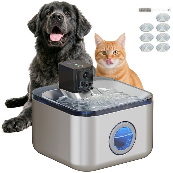 Meilleurs prix pour Fontaine à eau pour chat - PawHut - en inox - 4,2L - avec indicateur LED, pompe silencieuse, 3 filtre et chargeur USB - argent