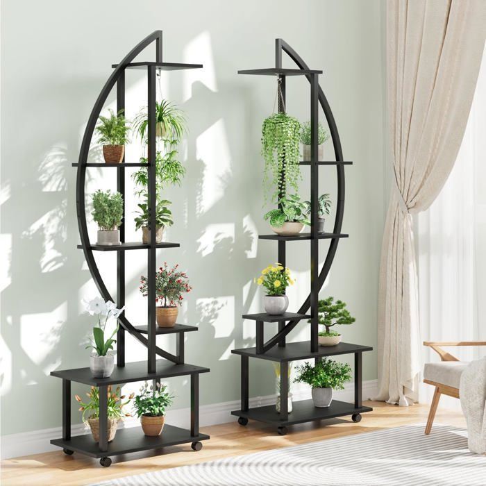 support plantes intérieur à 6 Niveaux avec roues en bois - Forme Demi-lune - Étagère à Fleurs - Décoration Jardin 55x30x170cm Noir