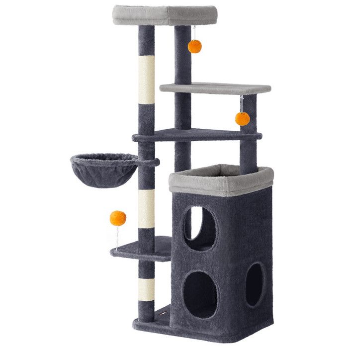 Arbre à Chat - Feandrea - 152 cm - Gris Foncé - 2 Niches - Hamac - 3 Poteaux à Griffer