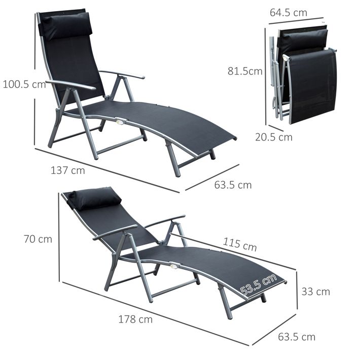 Chaise longue pliable Chaise longue de jardin avec coussin 137x63 5x100 5cm métal et tissu noir pour la plage et la terrasse