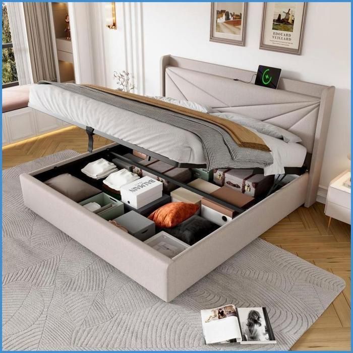 Structure de lit beige 160x200 cm avec coffre de rangement ports USB et Type-C intégrés cadre en fer et lin