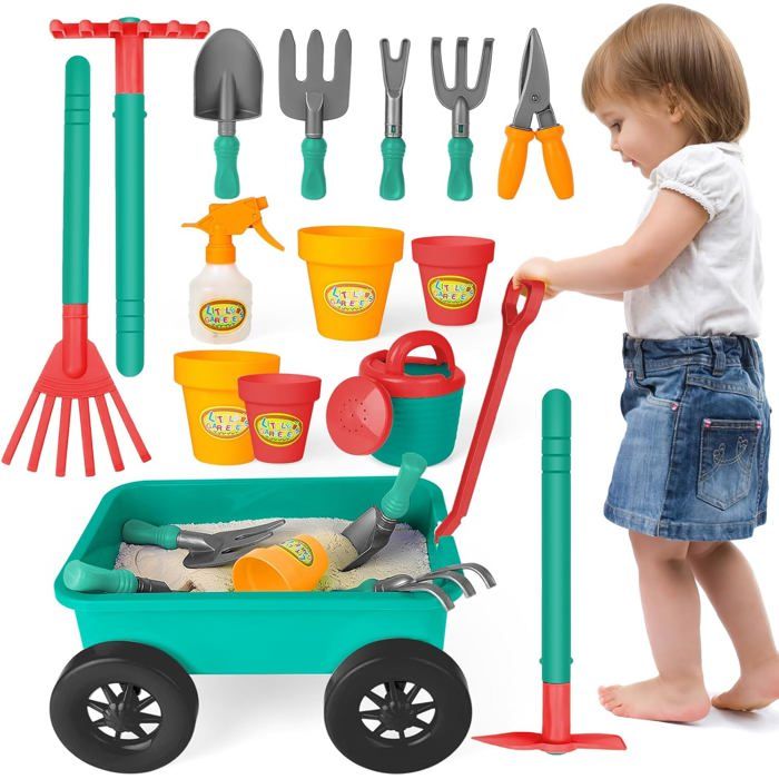 Ensemble de Jardinage deAO 14PCS avec Brouette Outils et Pots pour Enfants 3 ans+ (vert)
