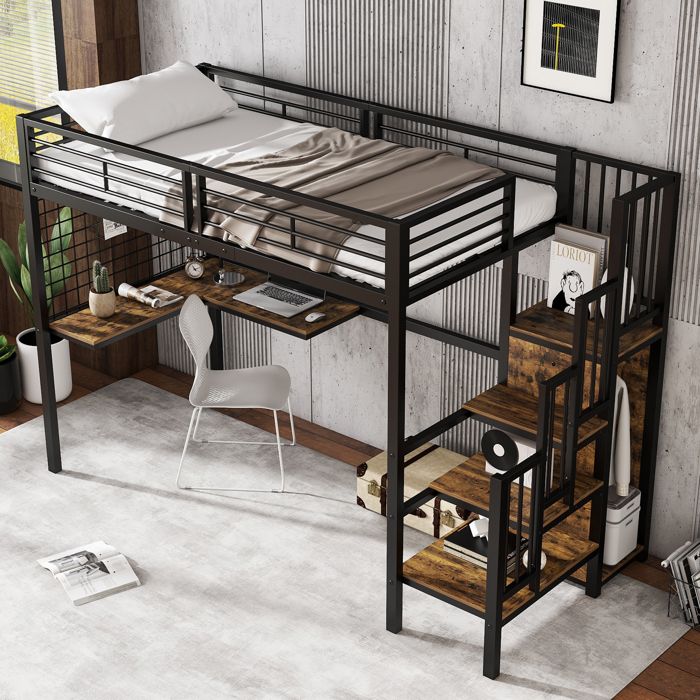 Lit en fer lit superposé lit en hauteur Convient pour enfants et adolescents avec table et armoire échelle latérale avec main c