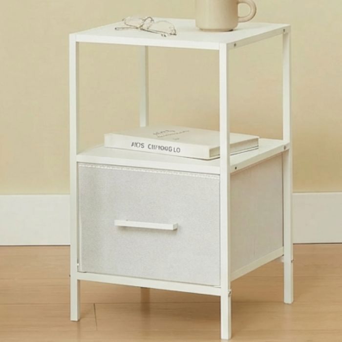 CASABEL Table de chevet blanche avec tiroir en tissu rigide métal et bois table d’appoint pour chambre ou canapé CASABEL Table de chevet blanche avec tiroir en tissu rigide métal et bois table d’appoint pour chambre ou canapé