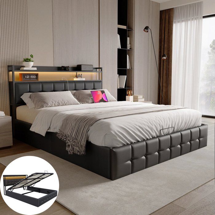 litcoffre 140 200 coffre lit 140 x 200 avec sommier lit adulte lit double avec tête de lit avec rangement lumières LED PU noir