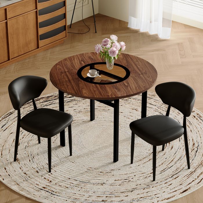 Ensemble de table ronde - 100 cm - Marron+Noir - Verre trempé - Cuir PU - 4 à 6 personnes
