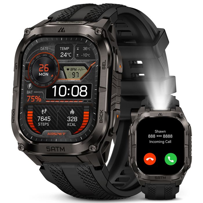 Montre Connectée homme SmartWatch Sport KOSPET M4C GPSLampe Torche LED et Talkie-WalkieCorps Entièrement Métallique5ATM - Noir