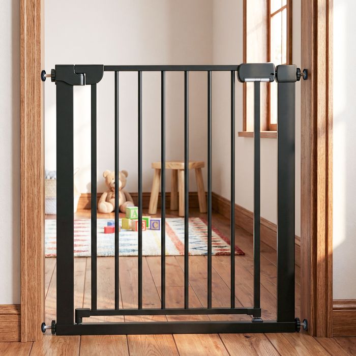 Barrière de Sécurité Bébé Extensible Large 75-82cm COSTWAY-Double Verrouillage-Fermeture Automatique-par Pression sans Perçage-Noir