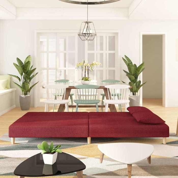 Rouge SOFA Convertible - PHSH - Canapé-lit - à 2 places - 2 personnes - avec deux oreillers - rouge bordeaux tissu C813