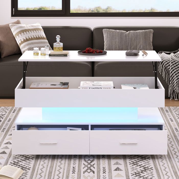Table basse relevable blanche 100 x 50 x 44-58 cm LED Bluetooth 2 tiroirs rangement