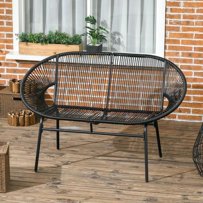 Banc de jardin 2 places en polyrotin supportant jusquà 260 kg noir structure robuste en acier idéal pour terrasse et balcon.