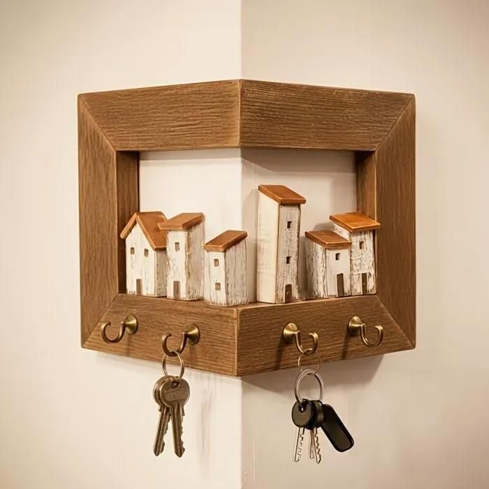 Porte-clés mural dangle rustique en bois 4 crochets métal doré organiseur dentrée décoratif pour clés et accessoires