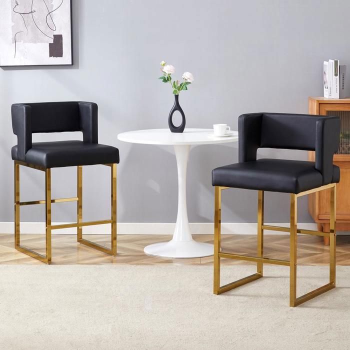 Tabouret de bar - KOMHTOM - Style nordique - Lot de 2 - Noir - PU & métal Tabouret de bar - KOMHTOM - Style nordique - Lot de 2 - Noir - PU & métal