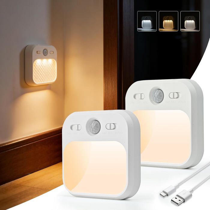 Veilleuse avec détecteur de mouvement - 3 modes déclairage et rechargeable USB - Idéale pour chambre enfant couloir escalier
