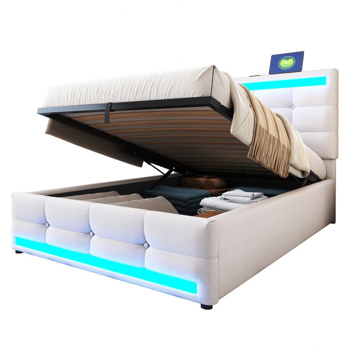 Polsterbett 90x200 cm avec rangement hydraulique lit enfant beige en lin avec LED multicolore et port USB